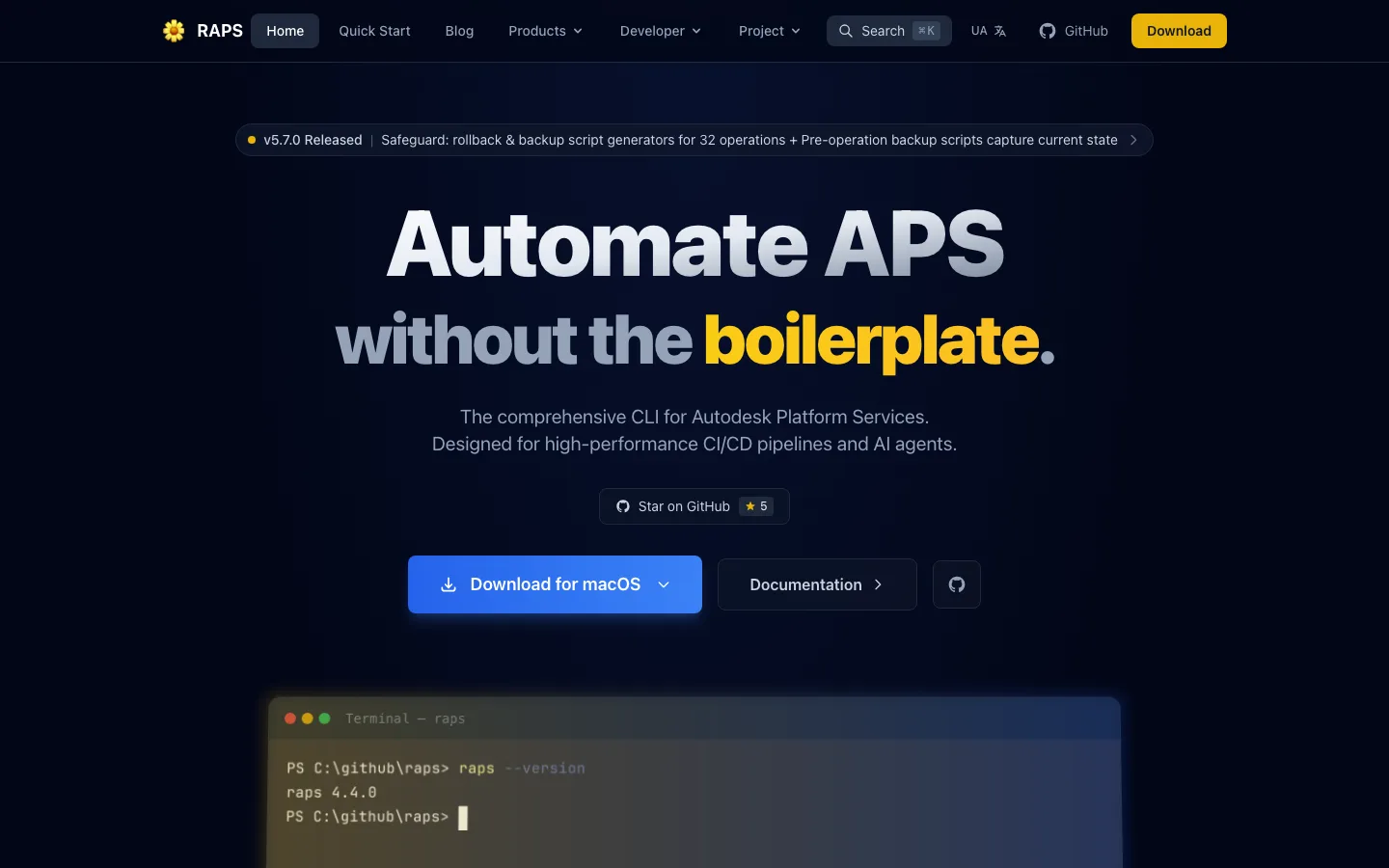 RAPS marketing homepage with the 'Automate APS without the boilerplate' headline, download button, and a terminal screenshot showing raps --version output